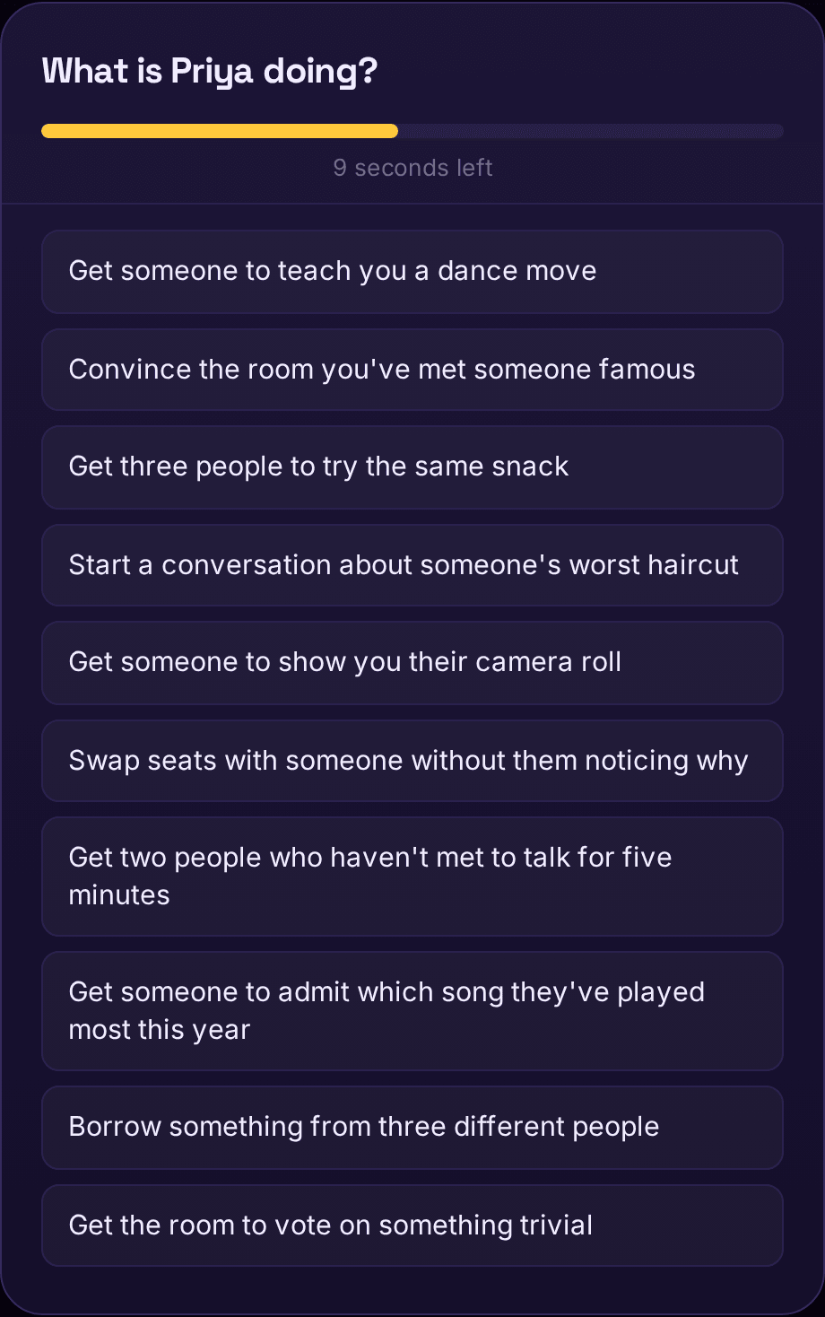 The guessing screen: a draining timer bar at the top and ten quests listed as tappable options.