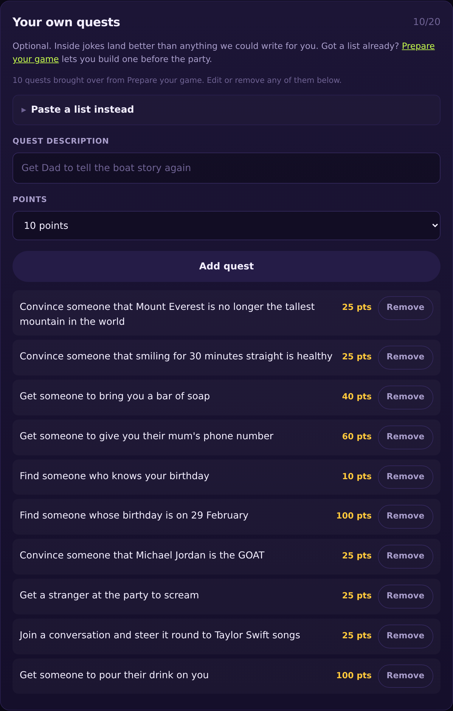 The Your own quests card on the hosting screen, showing a note that ten quests were brought over from Prepare your game.