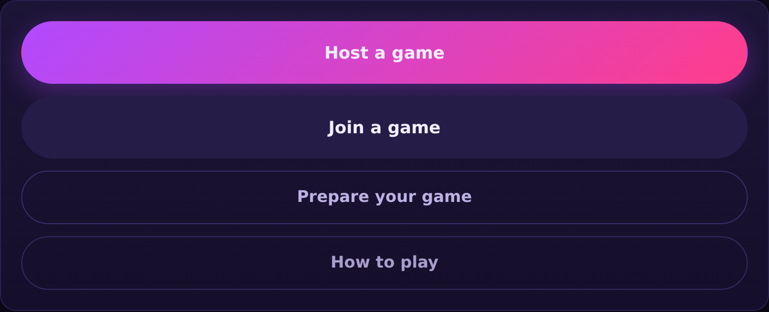 The SideQuest party home screen, showing Host a game, Join a game, Prepare your game and How to play buttons.