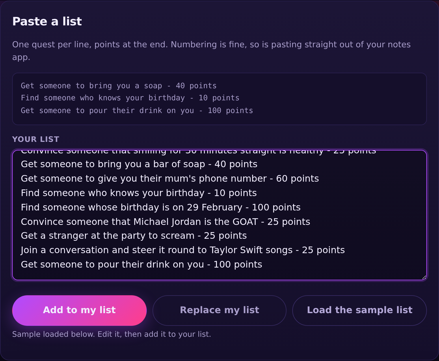 The Paste a list card on the Prepare your game page, with the ten sample quests filled into the text box.
