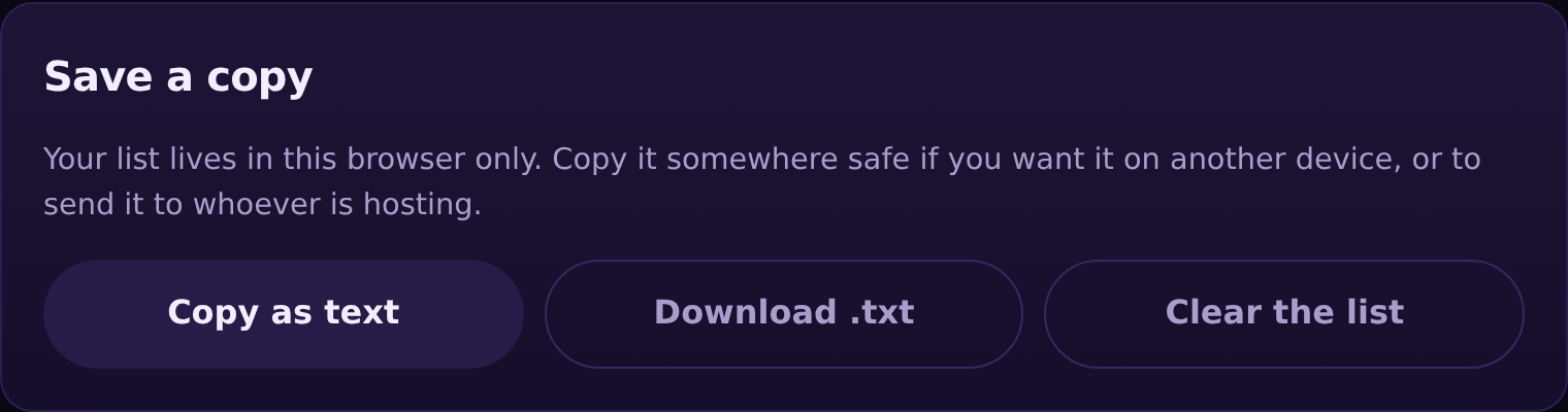 The Save a copy card, offering Copy as text, Download .txt and Clear the list.